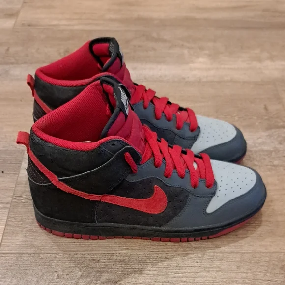 Sold On DP Nike Dunk High Gray 317982-062 Red Suede 2008 Rare Black Bred Mens 9 - Picture 2 of 8